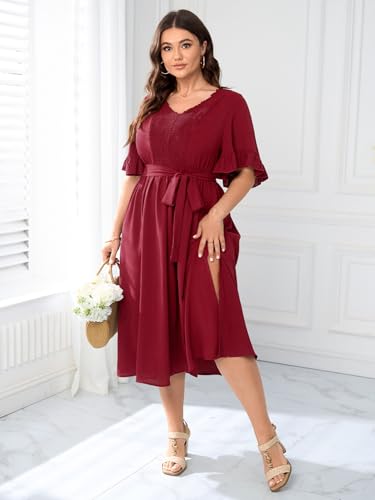 Image of SCOMCHIC Women's Plus Size Wedding Guest Dress Smocked V Neck Short Ruffle Sleeve Split Flowy Summer Cocktail Dresses