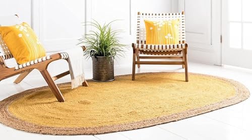 Tapis de sol ovale en jute jaune pour salon chaleureux