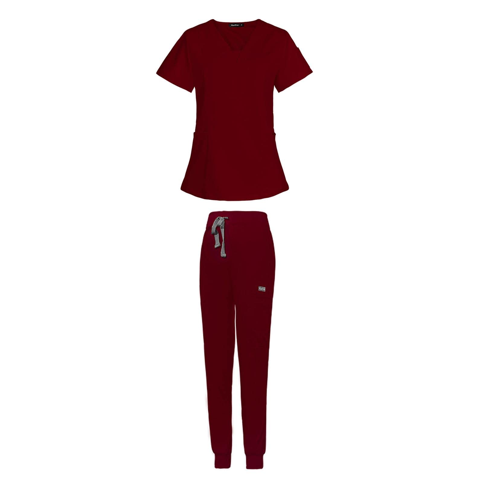 Top Mujeres Conjunto de Uniforme de Enfermería con Pantalón Jogger y Bolsillos Masajeadores Material Suave de Poliéster Lavable Adecuado para Trabajo, Rojo, l