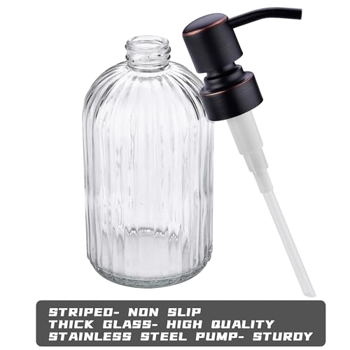 Image of 16Oz Clear Glass Soap Dispenser with Rust Proof Bronze Stainless Steel Pump, Refillable Bathroom Soap Dispenser with Vertical Stripe, Oil Rubbed Bronze Pump Kitchen Dispensers