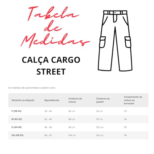Calça Cargo Masculina de Sarja com 6 Bolsos, Larga, Tática, Preta (BR, Alfa, GG, Regular, Regular, P