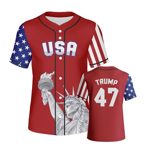 4th of July Men's Baseball Jersey with Statue of Liberty USA Patriotic White Red Blue Baseball Shirt for Independence Day