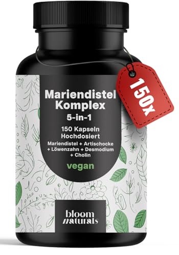 Mariendistel Artischocke Löwenzahn Komplex Hochdosiert - 150 Kapseln - 5-in-1 Komplex mit Mariendistel + Artischocke + Löwenzahn + Desmodium + Cholin - Vegan Laborgeprüft - Verpackung kann variieren