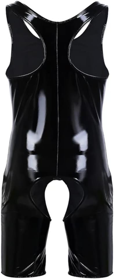 HSQSMWJ Men's Faux Leather Latex Catsuit One Piece Bodysuit Leotard Boxer Shorts Jumpsuit Romper