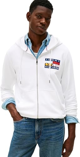 Tommy Hilfiger Herren Hoodie mit Reißverschluss Colour Flag Zip Through mit Logo, Weiß (White), XS – Ansicht 1