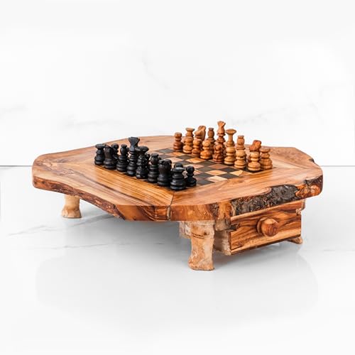 Juego de ajedrez de madera de olivo hecho a mano, 100 orgánicos, rústico con cajón, tablero de ajedrez de madera de olivo con patas, figuras incluidas, regalos de ajedrez únicos (negro)