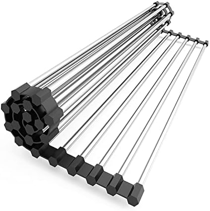 Suneast Dish Drainer Rack, Folding Roll Up Dish Drying Rack Heat Resistant Mat Stainless Steel Over the Sink Kitchen Countertop - Black, 47X30cm