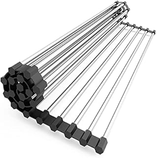 Suneast Dish Drainer Rack, Folding Roll Up Dish Drying Rack Heat Resistant Mat Stainless Steel Over the Sink Kitchen Countertop - Black, 47X30cm