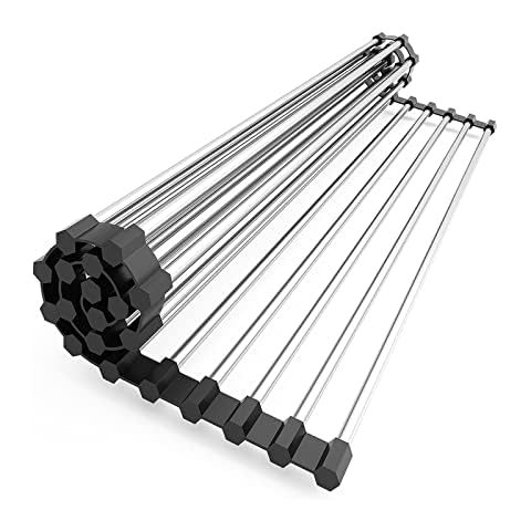 Suneast Dish Drainer Rack, Folding Roll Up Dish Drying Rack Heat Resistant Mat Stainless Steel Over the Sink Kitchen Countertop - Black, 47X30cm Cover