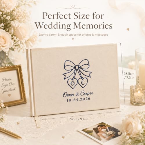 Image of Custom Embroidered Wedding Guest Book with Name & Pattern Linen Cover Album