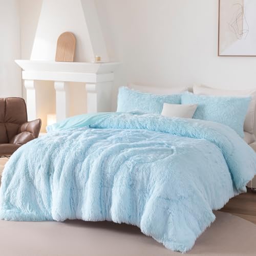 Image of Light Blue Fluffy Girls Comforter Set Twin Size 3 Pieces Faux Fur Plush Shaggy Bedding Set for Teen Girls Soft Warm Furry Velvet Kids Bed Sets (Light Blue, Twin)