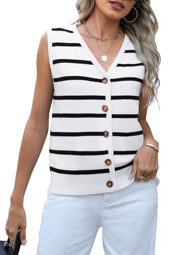 Image of Women's Casual V Neck Sweater Tank Tops Striped Sweater Vest Sleeveless Pullover Button Down Knit Vest Tops
