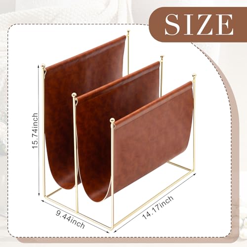 Domensi 2 Tier Leather Magazine Rack, 16 x 14 Inch Floor Standing Magazine Holder, Metal Wire Newspaper Organizer for Home Office, Living Room, Decorative Book Storage Rack for Books, Newspapers