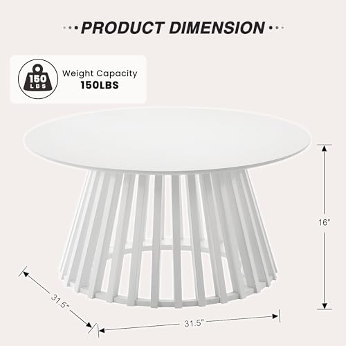 Image of HNY White Round Coffee Table, Wood 31.5 inch Center Table for Living Room | Modern Mid Century Circle Coffee Table with Fluted Base for Outdoor Patio, Home Small Space, Bedroom, Apartment, Studio