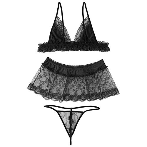 Men's Floral Lace Sissy Lingerie Wire-Free Bra Top with Skirt Thongs Crossdress Pajamas Sleepwear4