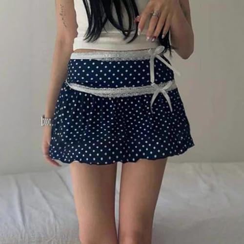 Polka Dot Bow Lace Mini Bubble High Waist Cute Y2K Streetwear Summer Casual Blue Fashion Skirts2