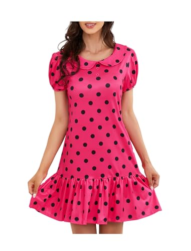 WIIQFD Halloween Women Sally Brown Polka Dot Pink Costume Puff Short Sleeve Cosplay Party Dress XXL