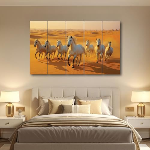 Image of The Castle Decor Running Horses with Rising Sun Vastu Painting | Wooden Frame Multi-Panel Wall Art for Living Room (Multi Color - Design 9, 36x60 Inch)