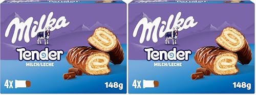 Milka Tender Barritas de Bizcocho, Relleno con Leche y Cubierto de Chocolate con Leche de los Alpes, 4 Barritas, 37g (Paquete de 2)