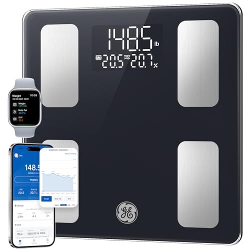 GE Smart Scale for Body Weight: BMI Body Fat Digital Bathroom Scales, 13 Body Composition Monitor Health Analyzer for Home Gym, Bluetooth App Sync, Accurate 400lb Weighing, Black 11inch