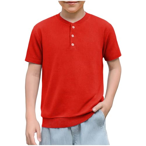 Short Sleeve Waffle Henley Shirts for Kids Summer Versatile Basic Solid Pullover Casual Tee Tops for 4-14 Years
