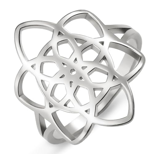 kkjoy Bague Fleur de Vie en Acier Inoxydable Bague Fleur de Nœud Celtique Bijoux de Promesse pour Femmes Charmantes Dames (Argent, Diamètre 19mm)