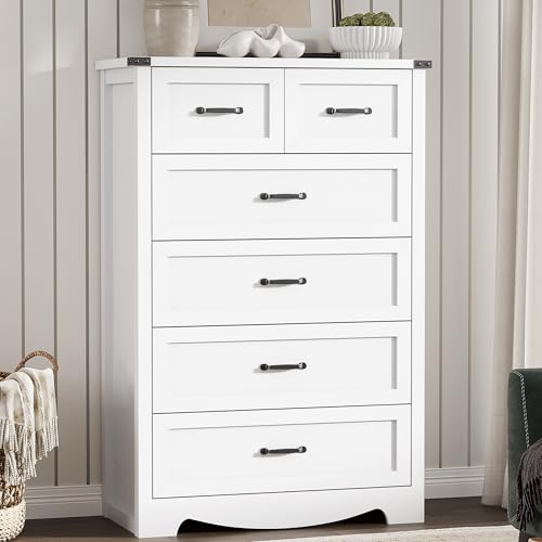 Image of Dresser for Bedroom with 6 Drawers, 49 inch Tall Wood Chest of Drawers with Deep Drawers & Mental Handle, Modern Dresser TV Stand, Wooden Closet Storage Organizer for Living Room, Hallway, Entryway, White