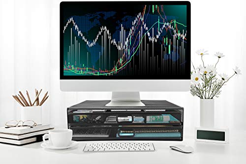 Wellerly Monitor Stand Riser with Drawer Metal Mesh Desk Organizer - Dual Pull Out Storage Drawer for Computer, PC, Laptop, Printer, Notebook, iMac - Desktop Storage for Office School Home (Black)