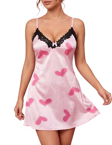 Image of Girece Sexy Night Gowns for Woman Silk Nightgown Lace Trim Sleep Dress Babydoll Lingerie Satin Nighty Negligee