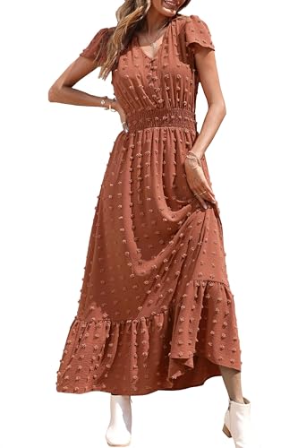 Image of PRETTYGARDEN Womens Dresses 2026 Summer Maxi Dress Boho Short Sleeve V Neck Swiss Dot Ruffle Tiered Smocked Flowy Long Dress