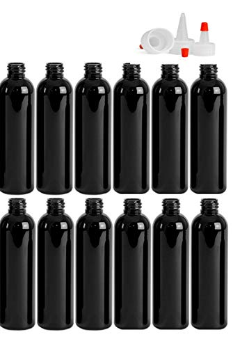 8 Ounce Cosmo Round Bottles, PET Plastic Empty Refillable BPA-Free, with Natural Red Tip Yorker Squeeze Spout Caps (Pack of 12) (Black)