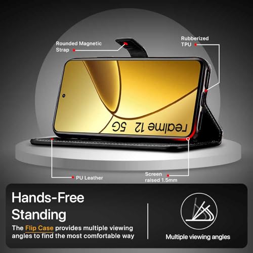 WOW IMAGINE Shock Proof Flip Cover Back Case Cover for Realme 13 5G | Realme 12 5G | 12X 5G | Narzo 70x 5G | C65 5G | N65 (Flexible | Leather Finish | Card Pockets Wallet & Stand | Black)