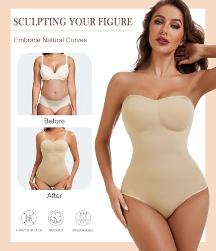 Image of Strapless Shapewear for Women,Tummy Control Bodysuit With Built In Bra,Seamless Body Shaper Tube Top Body Suit