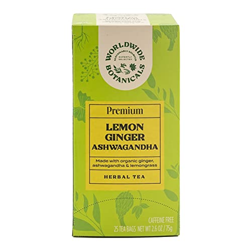 Worldwide Botanicals Lemon Ginger Ashwagandha Tea, 25 Tea Bags - 50% more herbs with 3g per teabag - Caffeine-Free, Made with Organic Herbs and Adaptogens - Kosher