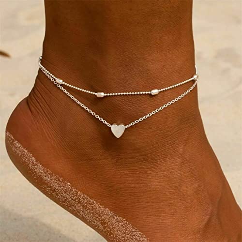 Jecomy Dainty Anklet For Women Silver Anklet Waterproof Ankle Bracelets Layered Heart Anklet Cute Beaded Chain Anklets Summer Jewelry Gift For Girls #TOP3