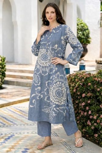 Image of ANNI Designer Kurta Set for Women Erode Rayon Printed | Kurti Set for Woman | Kurta Palazzo 2 Piece Outfit | Band Collar 3 /4 Sleeve A-Line Fit Ethnic Dress Stylish Kurta Sets for Women Clothing