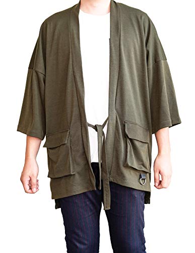 Men\'s Long Oversized Kimono Cardigan Noragi Cargo Jacket Haori Man Yukata Coat (Olive)