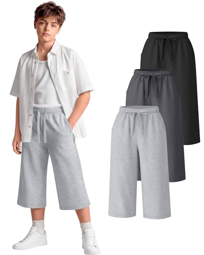 Oakgarden Boys Capri 3/4 Cropped Athletic Sweatpants, 3-Color Set, 13-14 Years