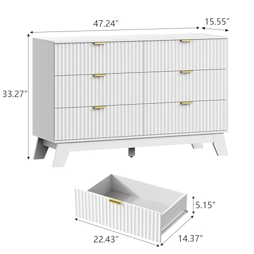 Image of Wodeer 6 Drawer Fluted Dresser for Bedroom, Mid Century Modern Dresser with 6 Drawers, Dressers & Chests of Drawers with Metal Handle, TV Stand & Storage Organizer for Entryway, Hallway, White