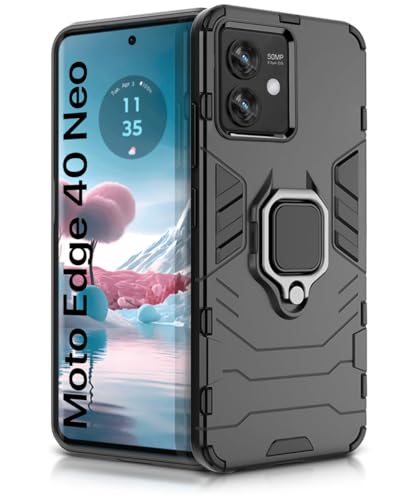 Image of WOW IMAGINE Shock Proof Back Case Mobile Cover for Motorola Moto Edge 40 Neo 5G | Back Cover Case (Tough Armor | Hybrid PC + TPU | Ring Holder & in-Built Kickstand | Black)