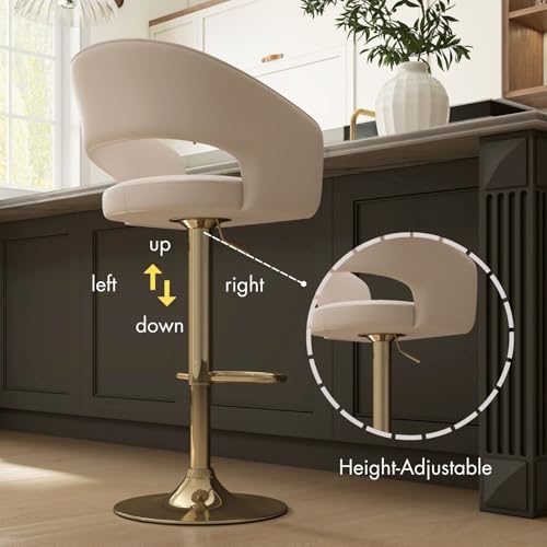 Conjunto de 2 butacos giratorios ajustables en cuero sintético beige con base dorada | Altura ajustable de 25" a 33", giro de 360°, respaldo ergonómico y reposapiés, cojín de espuma viscoelástica, resistente a manchas y fácil de limpiar miniatura 4