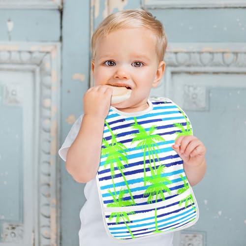 MCHIVER Coconut Tree Stripe Blue Baby Bibs for Toddler Boy Girl Waterproof Feeding Bib Apron with Food Cather Adjustable Cotton Food Eating Bib 2 Pack4