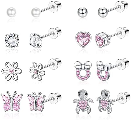 CASSIECA 8 Pairs Hypoallergenic Screw back Earrings for Girls Women 316L Stainless Steel CZ Pearl Heart Flower Turtle Butterfly Stud Earrings Jewelry Gift Women Girl