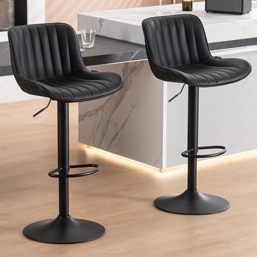 YOUNUOKE Black Bar Stools Set of 2 Counter Height Barstools PU Leather Seat, 360° Swivel Height Adjustable Bar Chairs with Backrest Extra Large Base for Breakfast Counter Kitchen Island