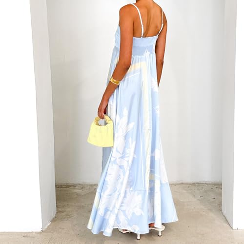 Image of NUFIWI Women Summer Striped Maxi Dress Spaghetti Strap Cutout Ruffle Long Dress Flowy Swing Beach Vocation Dress