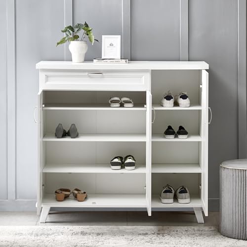 Image of Home Centre | Helios Alton 16 Pair Shoe Cabinets | Shoe Storage for Home | Engineered Wood | White | 1 Year Warranty
