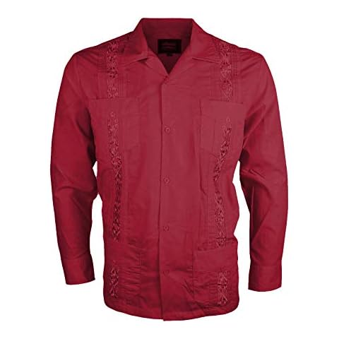 Maximos by R & B New Guayabera Men's Cuban Style Bartender Wedding Button Long Sleeve Dress Shirt (Burgundy, XL) Cover