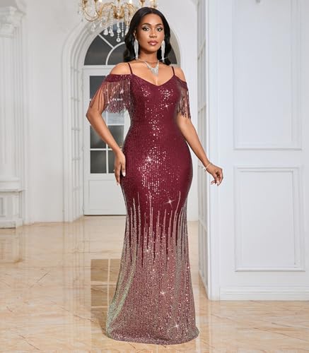 Image of Cololura Women Sexy Sequin Tassel Off Shoulder Halter Bodycon Formal Party Evening Gown Maxi Dress