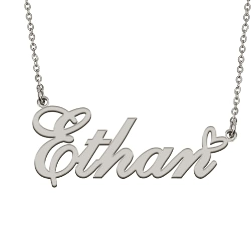 HUAN XUN Ethan Name Necklace Personalized Silver Stainless Steel Initial Pendant Name Necklace for Womens Mother Day