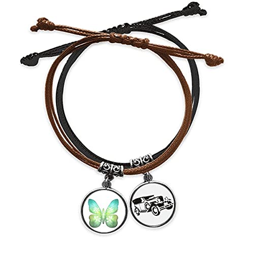 Bracelet corde et cuir vert avec motif floral papillon fait main